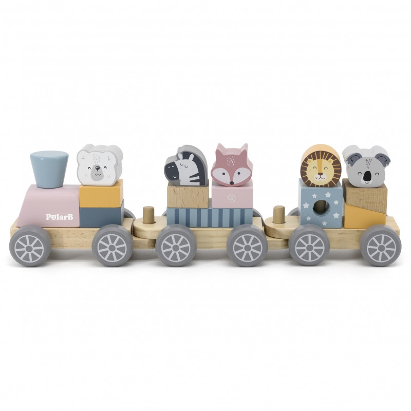 VIGA PolarB Wooden Train with Carriages and Animals for Montessori Stacking