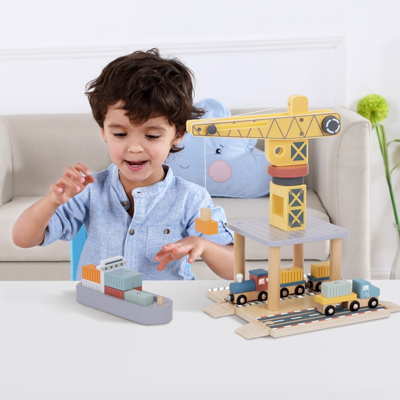 TOOKY TOY medinių uosto kranų rinkinys
