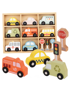 TOOKY TOY Medinių transporto priemonių ir kelio ženklų rinkinys dėžutėje