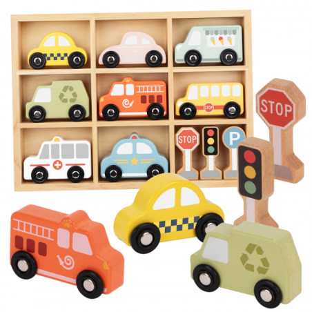 TOOKY TOY Medinių transporto priemonių ir kelio ženklų rinkinys dėžutėje TOOKY TOY Medinių transporto priemonių ir kelio ženklų rinkinys dėžutėje