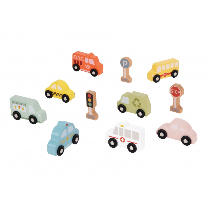 TOOKY TOY Medinių transporto priemonių ir kelio ženklų rinkinys dėžutėje