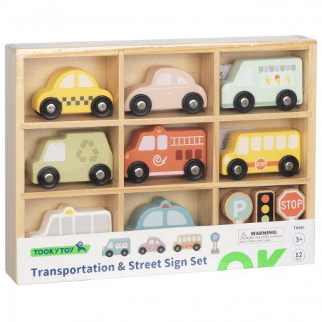 TOOKY TOY Medinių transporto priemonių ir kelio ženklų rinkinys dėžutėje TOOKY TOY Medinių transporto priemonių ir kelio ženklų rinkinys dėžutėje