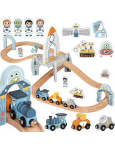 TOOKY TOY medinių kosminių traukinių rinkinys bėgiai