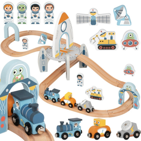 TOOKY TOY medinių kosminių traukinių rinkinys bėgiai TOOKY TOY medinių kosminių traukinių rinkinys bėgiai