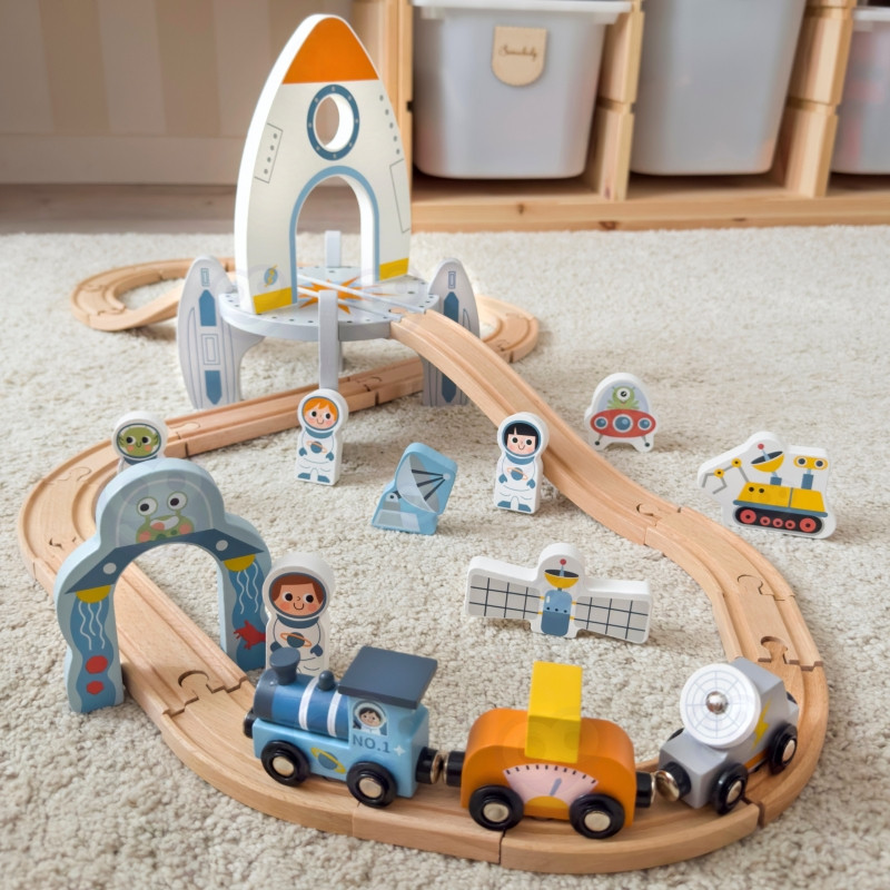 TOOKY TOY medinių kosminių traukinių rinkinys bėgiai
