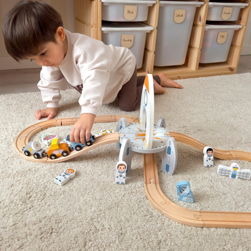 TOOKY TOY medinių kosminių traukinių rinkinys bėgiai