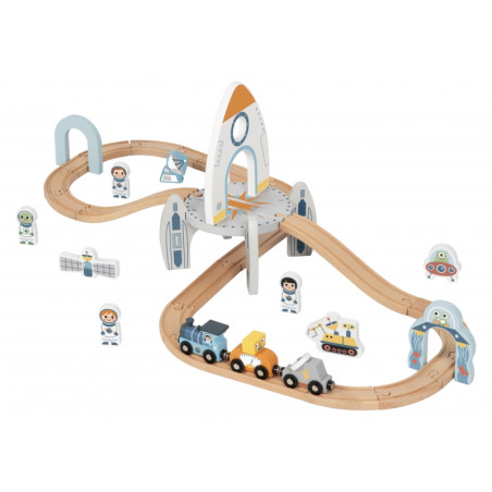 TOOKY TOY medinių kosminių traukinių rinkinys bėgiai TOOKY TOY medinių kosminių traukinių rinkinys bėgiai