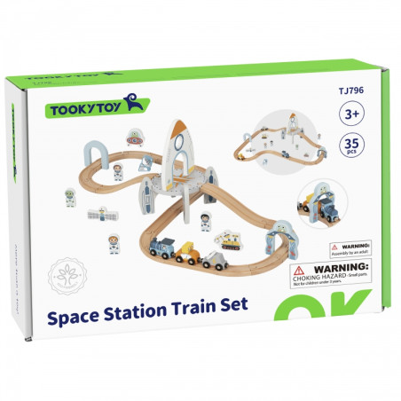 TOOKY TOY medinių kosminių traukinių rinkinys bėgiai TOOKY TOY medinių kosminių traukinių rinkinys bėgiai