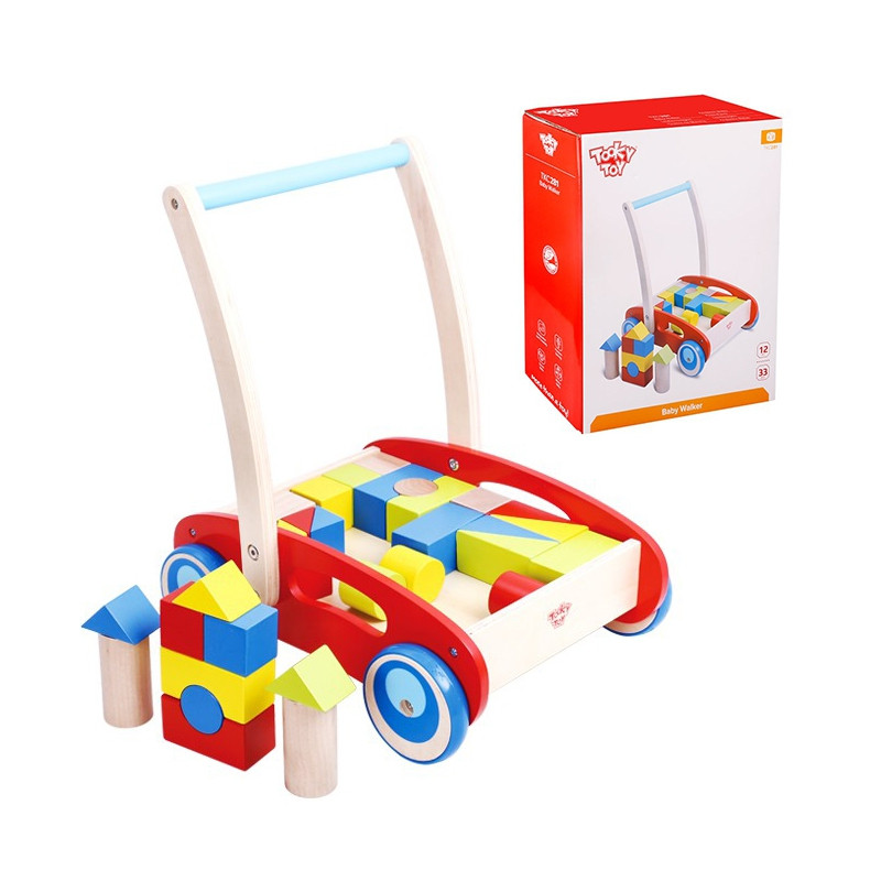 TOOKY TOY medinis vaikiškas vežimėlis vaikams + kaladėlės 23 vnt.