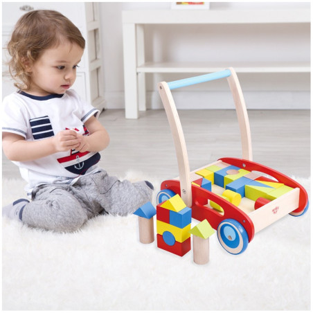 TOOKY TOY medinis vaikiškas vežimėlis vaikams + kaladėlės 23 vnt. TOOKY TOY medinis vaikiškas vežimėlis vaikams + kaladėlės 23 vnt.