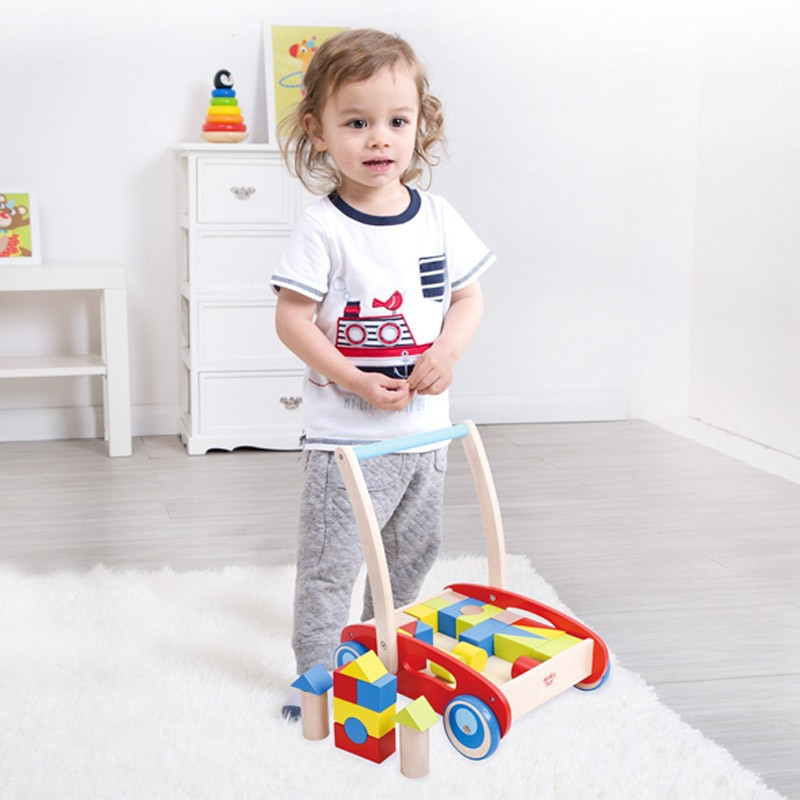 TOOKY TOY medinis vaikiškas vežimėlis vaikams + kaladėlės 23 vnt.