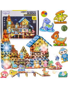 WOOPIE Magnetinės konstrukcijos šviečiantys 3D dinozaurų parko blokai 124el.