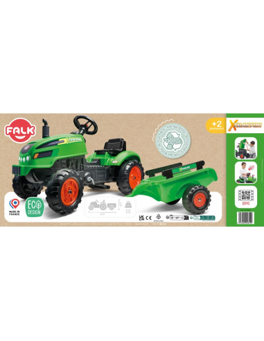 FALK traktoriukas X Tractor žalias su priekaba Klakson vaikams nuo 2 m