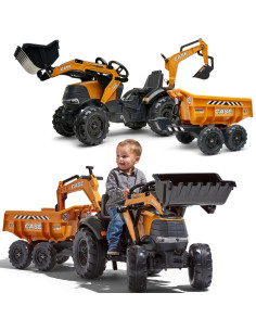 FALK Case IH ekskavatorius-traktorius, oranžinis su priekaba, kilnojamuoju kaušu vaikams nuo 3 metų