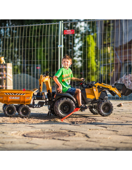 FALK Case IH ekskavatorius-traktorius, oranžinis su priekaba, kilnojamuoju kaušu vaikams nuo 3 metų