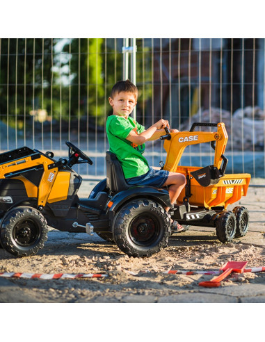 FALK Case IH ekskavatorius-traktorius, oranžinis su priekaba, kilnojamuoju kaušu vaikams nuo 3 metų