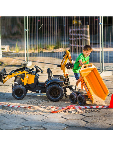 FALK Case IH ekskavatorius-traktorius, oranžinis su priekaba, kilnojamuoju kaušu vaikams nuo 3 metų