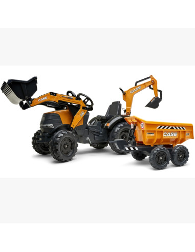 FALK Case IH ekskavatorius-traktorius, oranžinis su priekaba, kilnojamuoju kaušu vaikams nuo 3 metų