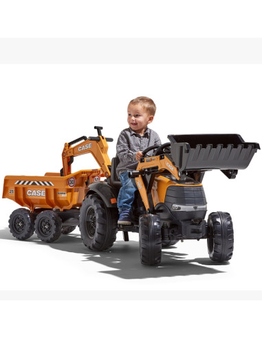 FALK Case IH ekskavatorius-traktorius, oranžinis su priekaba, kilnojamuoju kaušu vaikams nuo 3 metų