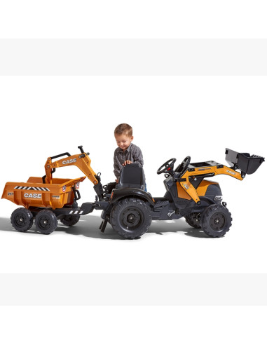FALK Case IH ekskavatorius-traktorius, oranžinis su priekaba, kilnojamuoju kaušu vaikams nuo 3 metų