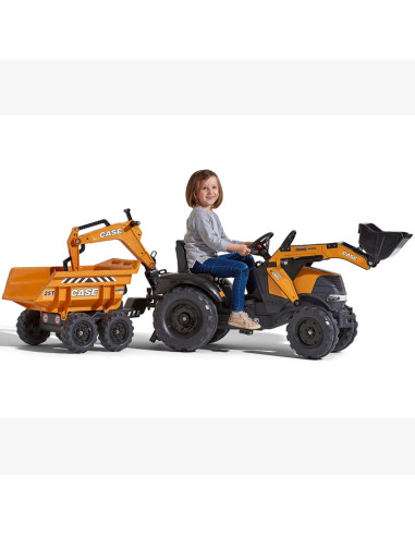 FALK Case IH ekskavatorius-traktorius, oranžinis su priekaba, kilnojamuoju kaušu vaikams nuo 3 metų