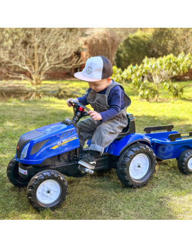 FALK New Holland didelis pedalinis traktorius su priekaba + atidaromas stogas nuo 2 metų amžiaus
