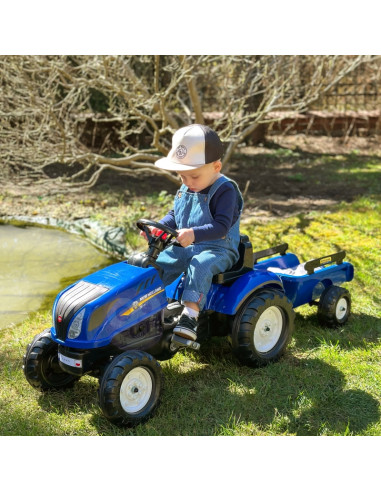 FALK New Holland didelis pedalinis traktorius su priekaba + atidaromas stogas nuo 2 metų amžiaus