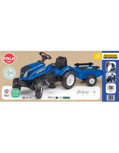 FALK New Holland didelis pedalinis traktorius su priekaba + atidaromas stogas nuo 2 metų amžiaus