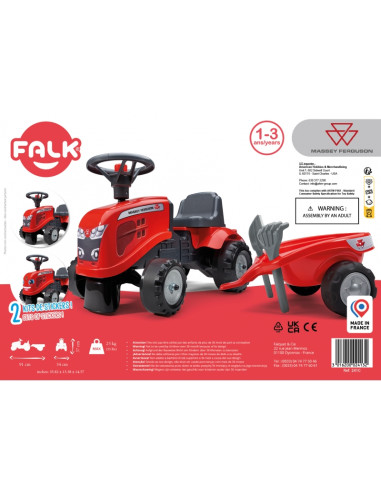 FALK Baby Massey Ferguson traktorius raudonas su priekaba. Nuo 1 metų
