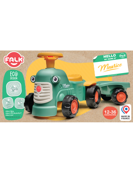 FALK Baby Maurice traktorius Green Vintage su priekaba nuo 1 metų FALK Baby Maurice traktorius Green Vintage su priekaba nuo 1 metų
