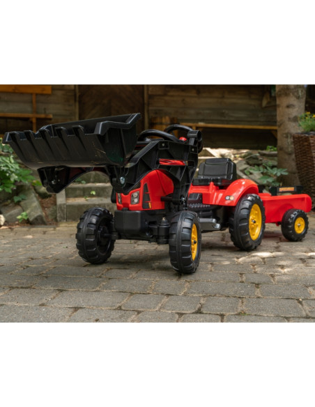 Трактор FALK Supercharger, красный, с открывающимся капотом, прицепом и ковшом