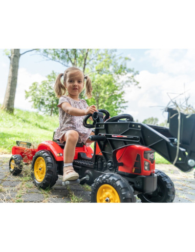 Трактор FALK Supercharger, красный, с открывающимся капотом, прицепом и ковшом