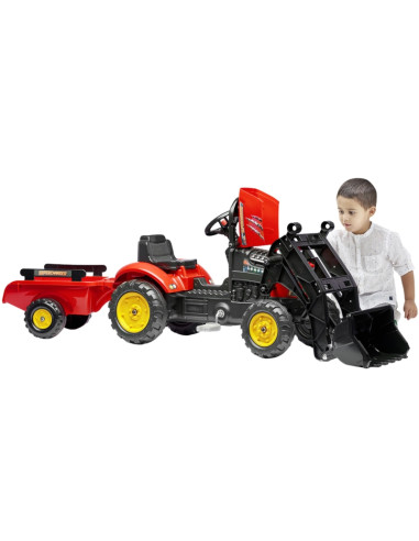 Трактор FALK Supercharger, красный, с открывающимся капотом, прицепом и ковшом