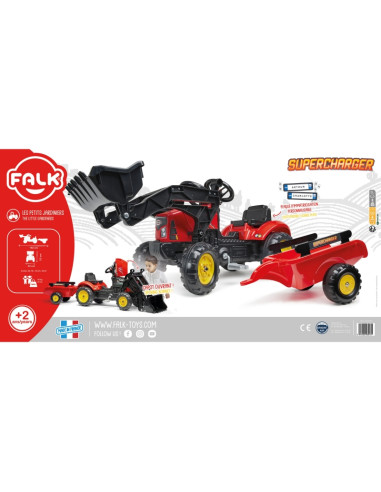 Трактор FALK Supercharger, красный, с открывающимся капотом, прицепом и ковшом
