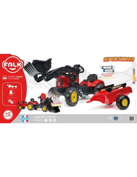 FALK „Supercharger“ traktorius, raudonas, su atidaromu gaubtu, priekaba ir kaušu FALK „Supercharger“ traktorius, raudonas, su atidaromu gaubtu, priekaba ir kaušu