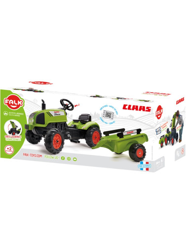 FALK Claas žalias  traktorius su pedalais, signalu ir priekaba