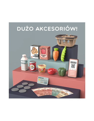 WOOPIE kasos aparatas vaikams, skaitytuvas, svarstyklės, mikrofonas + 25 priedai.
