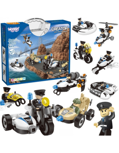 WOOPIE kaladėlės. Sukurkite policijos transporto priemones. 8 STEAM modeliai – tapkite miesto didvyriu!