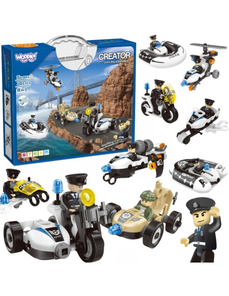 WOOPIE kaladėlės. Sukurkite policijos transporto priemones. 8 STEAM modeliai – tapkite miesto didvyriu!