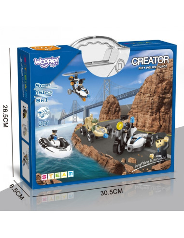 WOOPIE kaladėlės. Sukurkite policijos transporto priemones. 8 STEAM modeliai – tapkite miesto didvyriu!