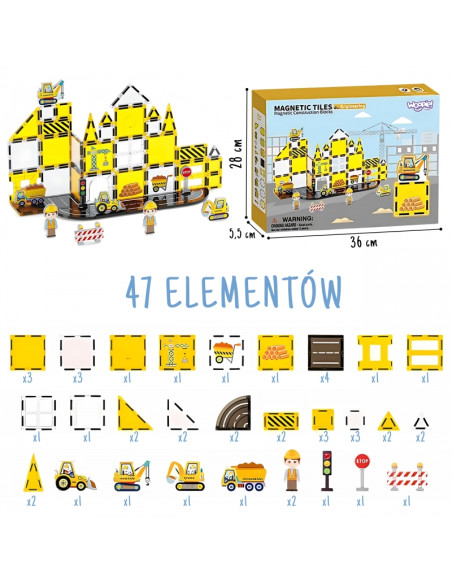 WOOPIE magnetiniai konstruktoriai 7,5 cm, statybvietės garai, 47 vnt.