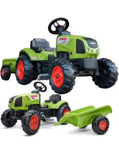 FALK Žalias Claas pedalų traktorius su priekaba ir garso signalu nuo 2 metų amžiaus.