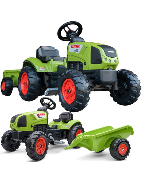 FALK Žalias Claas pedalų traktorius su priekaba ir garso signalu nuo 2 metų amžiaus.