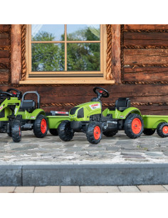 FALK Žalias Claas pedalų traktorius su priekaba ir garso signalu nuo 2 metų amžiaus. 2