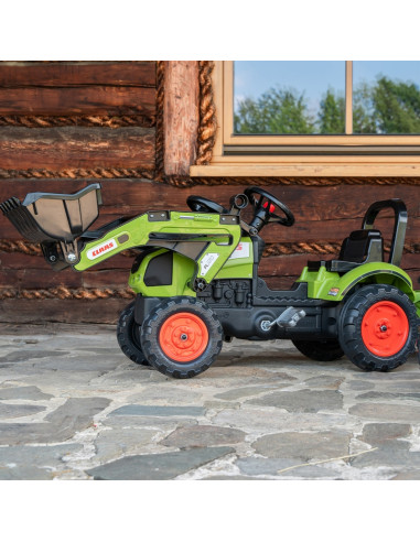 FALK Žalias Claas pedalų traktorius su priekaba ir garso signalu nuo 2 metų amžiaus.