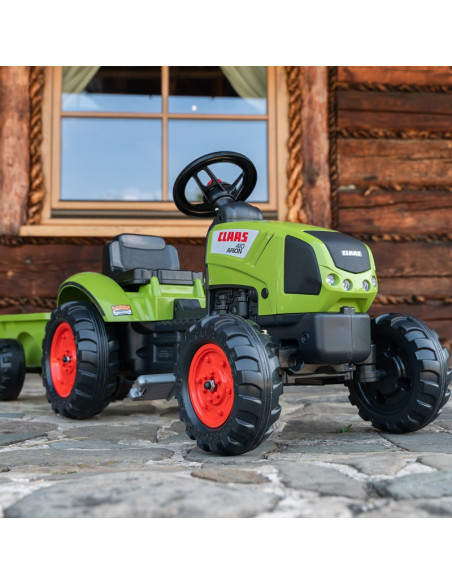 FALK Žalias Claas pedalų traktorius su priekaba ir garso signalu nuo 2 metų amžiaus.