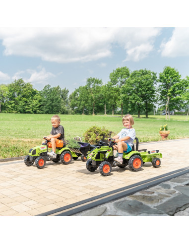 FALK Žalias Claas pedalų traktorius su priekaba ir garso signalu nuo 2 metų amžiaus.