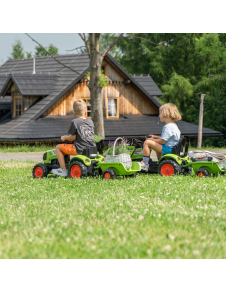 FALK Žalias Claas pedalų traktorius su priekaba ir garso signalu nuo 2 metų amžiaus.