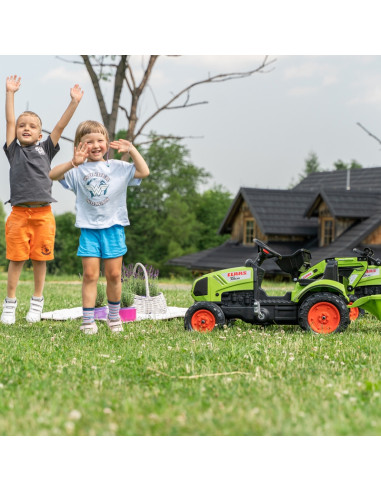 FALK Žalias Claas pedalų traktorius su priekaba ir garso signalu nuo 2 metų amžiaus.