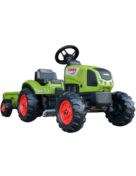FALK Žalias Claas pedalų traktorius su priekaba ir garso signalu nuo 2 metų amžiaus.